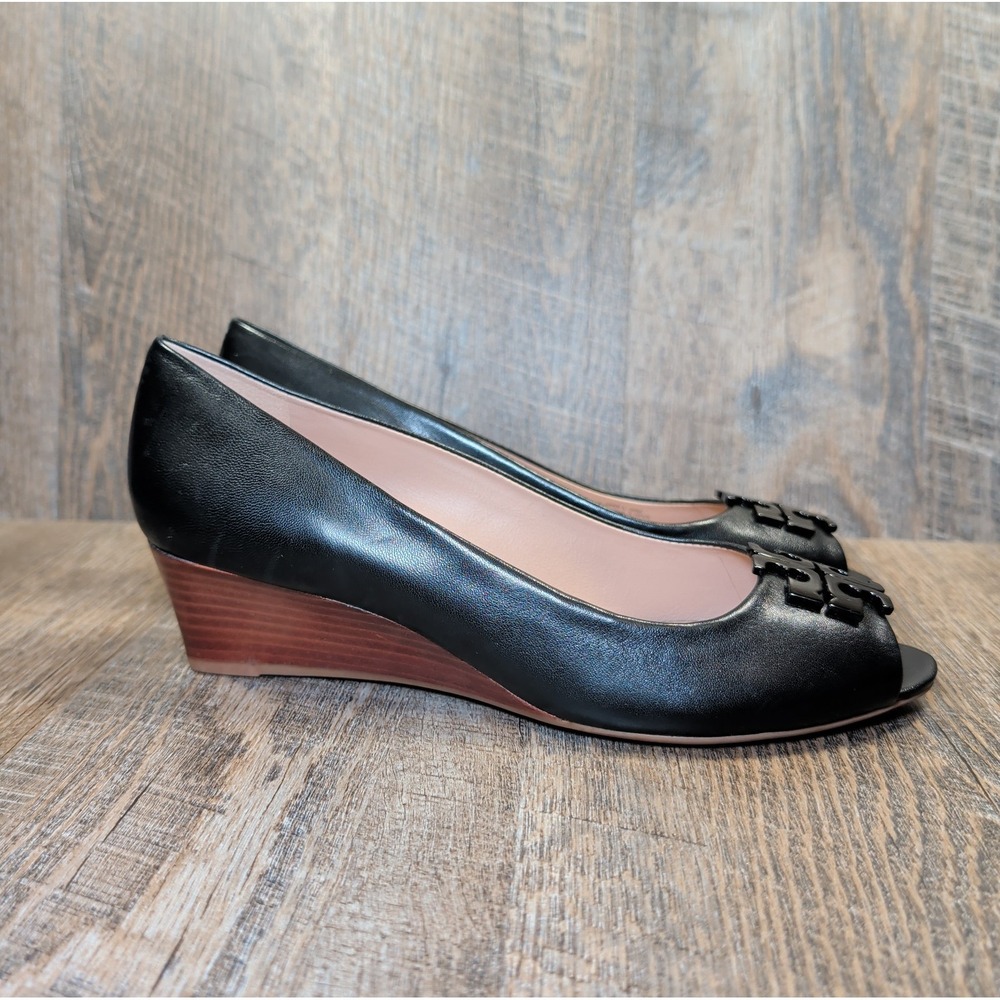 Tory Burch Lowell Peep-Toe Wedge Pumps Heels Black Leather Womens Size 9 M - Picture 2 of 12